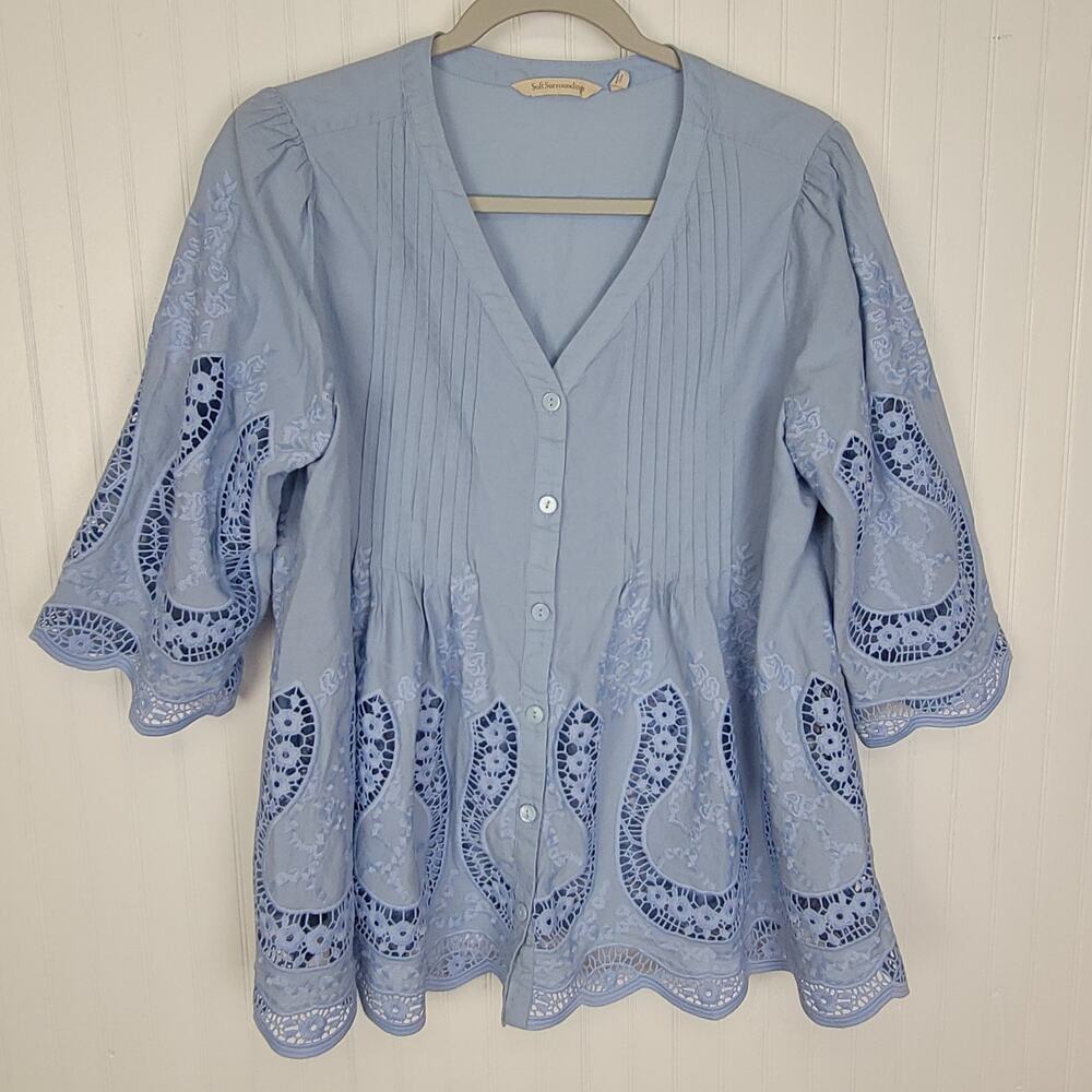 Soft surroundings blue cotton button up eyelet top petite large